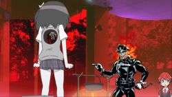 Rule 34 | 10s, 1girl, 2boys, belt, blue eyes, chain, checkered clothes, checkered skirt, collared shirt, crossover, fire, fire, gridman universe, hair ornament, hat, hibiki yuuta, highres, inferno cop, loafers, luluco, multiple boys, multiple crossover, n0r0, necktie, parody, pleated skirt, police, police hat, police uniform, red hair, red neckwear, school uniform, shirt, shoes, short hair, short sleeves, side ponytail, skirt, skull, ssss.gridman, star (symbol), star hair ornament, sunglasses, thighs, trigger support, uchuu patrol luluco, uniform, waistcoat, white shirt, wing collar
