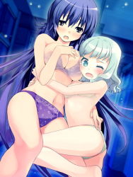 Rule 34 | 2girls, aqua eyes, aqua hair, blush, bra, breasts, cleavage, h2so4, large breasts, long hair, looking at viewer, majika majika, multiple girls, navel, one eye closed, open mouth, panties, purple hair, refeia, tabata suzume, tears, tsukushi mizuho, underwear, yellow eyes