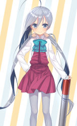 Rule 34 | &gt;:), 10s, 1girl, ahoge, aqua bow, aqua bowtie, blue eyes, blue hair, blush, bow, bowtie, collared shirt, diagonal stripes, dress, flat chest, grey hair, grey pantyhose, hair between eyes, hair ribbon, hand on own hip, highres, kantai collection, kiyoshimo (kancolle), long hair, long sleeves, looking at viewer, low twintails, matching hair/eyes, missile, multicolored hair, orange ribbon, pantyhose, pleated skirt, red skirt, ribbon, shirt, short dress, skirt, sleeveless, sleeveless dress, smile, solo, standing, striped, torpedo, transistor, twintails, v-shaped eyebrows, very long hair, white shirt, wing collar