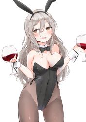 Rule 34 | 1girl, absurdres, animal ears, black bow, black bowtie, black leotard, bow, bowtie, breasts, brown eyes, brown pantyhose, cleavage, contrapposto, cup, cupping glass, detached collar, drinking glass, fake animal ears, grey hair, hair between eyes, highleg, highleg leotard, highres, kantai collection, large breasts, leotard, long hair, pantyhose, playboy bunny, pola (kancolle), rabbit ears, rabbit tail, simple background, smile, solo, strapless, strapless leotard, tail, wavy hair, white background, wine glass, xobox