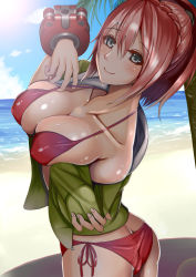 Rule 34 | 10s, 1girl, ass, bare shoulders, beach, bikini, blush, braid, breasts, butt crack, cleavage, collarbone, daiba canon, day, covered erect nipples, female focus, god eater, god eater 2: rage burst, grey eyes, highres, huge breasts, long hair, looking at viewer, ocean, palm tree, ponytail, red bikini, red hair, grey eyes, smile, solo, suika (atelier-yuu), sweat, swimsuit, tree, wet