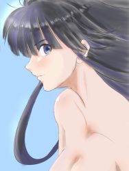 Rule 34 | 1girl, aquaplus, bare arms, bare shoulders, black hair, blue eyes, breasts, closed mouth, collarbone, dboy0577, from side, hime cut, large breasts, long hair, looking at viewer, nose, nude, raised eyebrows, sidelocks, solo, touma kazusa, upper body, very long hair, white album, white album (series), white album 2