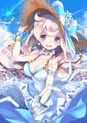 Rule 34 | 1girl, :d, ahoge, bare arms, bare shoulders, blue eyes, blue sky, blush, bracelet, breasts, choker, cleavage, cowboy shot, daisy, day, dress, earrings, flower, frilled choker, frills, hand on headwear, hat, hat flower, hat ribbon, highres, jewelry, large breasts, light rays, long hair, looking at viewer, open mouth, original, outdoors, ribbon, round teeth, signature, sky, sleeveless, sleeveless dress, slumcat, smile, solo, splashing, straw hat, striped ribbon, sun hat, sundress, sunlight, teeth, upper body, water, white choker, white dress, white flower, white hair, wind, wrist bow