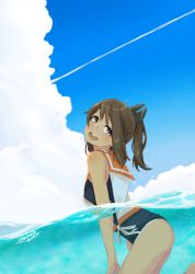 Rule 34 | 1girl, alakoala, ass, bare shoulders, blouse, blue one-piece swimsuit, blue sky, blush, breasts, brown eyes, brown hair, cloud, commentary request, contrail, dated, day, from side, hair ornament, hairclip, head tilt, highres, i-401 (kancolle), kantai collection, long hair, looking at viewer, ocean, one-piece swimsuit, open mouth, outdoors, partially submerged, partially underwater shot, ponytail, sailor collar, school swimsuit, school uniform, serafuku, shirt, short ponytail, sky, sleeveless, sleeveless shirt, smile, solo, swimsuit, swimsuit under clothes, tan, tanline, thighs, underwater, water, water drop, wet, white shirt