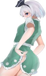 Rule 34 | 1girl, 258n, adjusting clothes, adjusting panties, ass, blue eyes, blush, clothes lift, from behind, green skirt, green vest, hairband, highres, konpaku youmu, lifted by self, looking back, panties, ribbon, shirt, short hair, short sleeves, silver hair, simple background, skirt, skirt lift, solo, thighs, touhou, underwear, vest, white background, white panties, white shirt