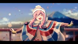 Rule 34 | 1girl, ^ ^, blue sky, blush, cake mogo, closed eyes, cloud, day, happy, hat, kagamihara nadeshiko, landscape, letterboxed, long hair, mountain, nature, open mouth, outdoors, outstretched arms, petals, pink hair, poncho, railing, scenery, sky, smile, solo, winter clothes, yurucamp