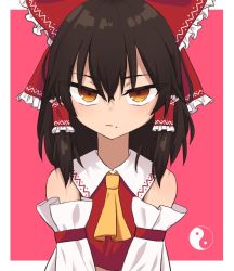 Rule 34 | 1girl, ascot, black hair, bow, closed mouth, detached sleeves, hair bow, hair tubes, hakurei reimu, looking at viewer, orb, outside border, red background, red bow, sidelocks, simple background, solo, split mouth, strangenovel, touhou, upper body, yellow ascot, yin yang, yin yang orb