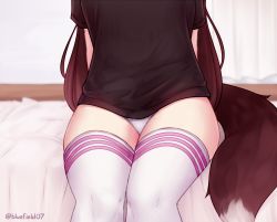 Rule 34 | 1girl, arm support, arms behind back, artist name, bed, black shirt, bluefield, brown hair, commentary, facing viewer, fox tail, head out of frame, highres, indoors, long hair, no pants, on bed, original, panties, pantyshot, shirt, sitting, skindentation, solo, tail, thighhighs, thighs, underwear, white panties, white thighhighs