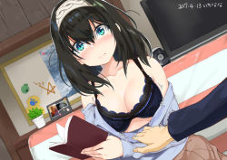 Rule 34 | 10s, 1girl, bare shoulders, black hair, blue eyes, blush, book, bra, breasts, cleavage, clothes pull, dated, hairband, holding, holding book, idolmaster, idolmaster cinderella girls, jewelry, large breasts, long hair, looking at viewer, male hand, mokyutan, nose blush, open clothes, pendant, pulling another&#039;s clothes, sagisawa fumika, solo focus, sweater, sweater pull, underwear