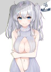 Rule 34 | 1girl, blue eyes, blush, breasts, center opening, cleavage, dated, dress, grey sweater, highres, holding own arm, kantai collection, kashima (kancolle), large breasts, long hair, looking at viewer, navel, ribbed sweater, shiina aoi, shiny skin, sidelocks, silver hair, sleeveless, sleeveless sweater, smile, solo, stomach, sweater, sweater dress, tsurime, turtleneck, turtleneck sweater, twintails, twitter username, wavy hair