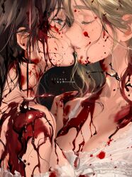 Rule 34 | 2girls, artist name, black hair, blonde hair, blood, blood on face, breasts, cleavage, closed eyes, hand on another&#039;s shoulder, highres, imminent kiss, looking at another, medium breasts, multiple girls, original, rrr (reason), yuri