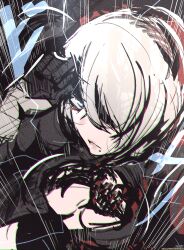 Rule 34 | 1girl, 2b (nier:automata), blue eyes, breasts, female focus, highres, japanese text, large breasts, maxi, nier:automata, nier (series), short hair, text focus, translation request, white hair