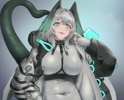 Rule 34 | 1girl, absurdres, arknights, breasts, chinese commentary, commentary request, covered erect nipples, covered navel, eyes visible through hair, fangs, fangs out, fingerless gloves, framed breasts, gloves, green eyes, green tail, grey background, grey gloves, grey hair, grey jumpsuit, hand in own hair, hand on own hip, hand up, head wings, highres, ho&#039;olheyak (arknights), impossible clothes, jumpsuit, large breasts, light blush, long sleeves, looking at viewer, lplok (ljh80692428), medium hair, skin tight, slit pupils, solo, strap, tail, tail raised, tongue, tongue out, twirling hair, upper body, wings