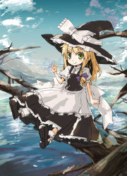 Rule 34 | 1girl, apron, blonde hair, blush, bow, day, dress, female focus, green eyes, hair bow, hat, in tree, kirisame marisa, nature, outdoors, perfect cherry blossom, petticoat, plant, salute, sitting, sitting in tree, sky, snow, solo, touhou, tree, witch, witch hat, yamane masato