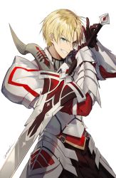 Rule 34 | 1boy, armor, blonde hair, blue eyes, breastplate, clarent (fate), commentary request, fate/grand order, fate (series), faulds, full armor, gauntlets, genderswap, genderswap (ftm), grin, holding, holding sword, holding weapon, huge weapon, looking at viewer, male focus, mordred (fate), mordred (fate/apocrypha), pauldrons, shoulder armor, signature, simple background, smile, solo, sword, weapon, white background, woonak