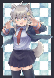 Rule 34 | 1girl, animal ear fluff, animal ears, antenna hair, black border, black jacket, black skirt, black thighhighs, border, breasts, checkered background, claw pose, collared shirt, commentary request, drawstring, dress shirt, green eyes, grey hair, hair between eyes, hands up, highres, jacket, kemonomimi mode, koshirae tsurugi (m.m), long hair, long sleeves, looking at viewer, low ponytail, m.m, necktie, open clothes, open jacket, original, paw hair ornament, pleated skirt, ponytail, red necktie, shirt, sidelocks, skirt, small breasts, solo, standing, tail, thighhighs, v-shaped eyebrows, white shirt