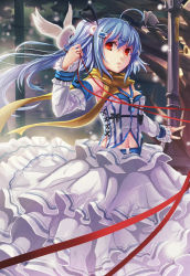 Rule 34 | 1girl, bili girl 33, bilibili, bird, blue hair, detached sleeves, dress, highres, long hair, midriff, navel, red eyes, scarf, side ponytail, sola (sola04), solo, string, string of fate, wind