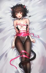 Rule 34 | 1girl, absurdres, animal ears, bad id, bad pixiv id, bare arms, bare shoulders, bdsm, black leotard, black pantyhose, blade &amp; soul, blush, bondage, bound, bow, bowtie, breasts, brown hair, cat ears, cat tail, cleavage, clenched hand, collarbone, detached collar, feet out of frame, full body, highres, leotard, looking at viewer, lying, lyn (blade &amp; soul), mole, mole under eye, no bra, on back, open mouth, pantyhose, pink ribbon, red eyes, ribbon, short hair, signature, solo, tail, teeth, tjauddla, two-tone leotard, white leotard