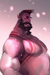 Rule 34 | 1boy, back hair, bara, beard, belly, colored sclera, colored skin, commission, facial hair, fat, fat man, full beard, grey skin, hairy, large pectorals, looking at viewer, looking to the side, male focus, mohawk, monster boy, muscular, muscular male, mustache, nipples, nude, original, pectorals, pejnt (pejntboks), pointy ears, red sclera, short hair, solo, sparse arm hair, sparse chest hair, thick beard, thick eyebrows, thick mustache, tied beard, undercut, upper body