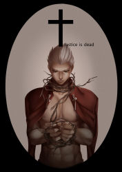 Rule 34 | 1boy, archer (fate), arkray, bad id, bad pixiv id, bound, collar, cross, fate/stay night, fate (series), highres, jacket, jacket on shoulders, male focus, plant, solo, thorns, tied up (nonsexual), topless male, vines, white hair