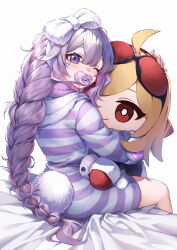 Rule 34 | 1girl, bow, braid, character doll, curry bowl, grey hair, highres, hololive, hololive english, hololive indonesia, hood, hoodie, kaela kovalskia, koseki bijou, long hair, on bed, one eye closed, pacifier, purple eyes, single braid, striped clothes, striped hoodie, virtual youtuber, white background, white bow