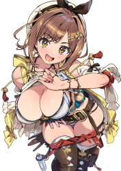 Rule 34 | 1girl, atelier (series), atelier ryza, belt, belt buckle, bikini, black bow, bow, breasts, brown belt, brown eyes, brown hair, buckle, buttons, cleavage, clothes lift, clothes pull, commentary request, double-breasted, hair intakes, hair ornament, hat, hat bow, highres, jacket, large breasts, leaning forward, looking at viewer, ootomo takuji, open mouth, parted bangs, red shorts, red tassel, reisalin stout, shirt lift, short hair, shorts, shorts pull, simple background, skindentation, sleeveless, sleeveless jacket, smile, solo, swimsuit, test tube, thick thighs, thighs, white background, white bikini, white hat, yellow jacket