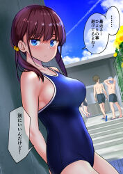 Rule 34 | 2boys, 3girls, arms behind back, blue eyes, blue sky, breasts, brown hair, cloud, commentary request, competition school swimsuit, contrail, cowboy shot, day, dutch angle, highres, large breasts, long hair, low twintails, multiple boys, multiple girls, original, outdoors, pout, school swimsuit, sky, solo focus, swimsuit, translation request, tsundere, twintails, wakana hanabi