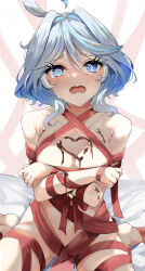Rule 34 | 1girl, @ @, absurdres, ahoge, bimmy, blue eyes, blue hair, breasts, chocolate, chocolate on body, chocolate on breasts, commentary, covering breasts, covering privates, embarrassed, english commentary, english text, food on body, furina (genshin impact), genshin impact, grey hair, hair between eyes, heterochromia, highres, long hair between eyes, looking at viewer, medium breasts, multicolored hair, naked ribbon, open mouth, red ribbon, ribbon, short hair, simple background, sitting, solo, tearing up, valentine, wariza