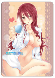Rule 34 | 1girl, blush, breasts, convenient censoring, cup, curly hair, curvy, female focus, hair over face, hair over one eye, heart, highres, kirijou mitsuru, large breasts, long hair, mug, navel, nipples, no bra, no panties, open clothes, open mouth, open shirt, parted lips, persona, persona 3, red eyes, red hair, roku (345), shirt, sitting, solo