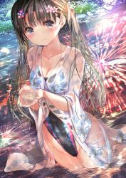 Rule 34 | 1girl, absurdres, blue eyes, blush, breasts, brown hair, cleavage, collarbone, commentary request, competition swimsuit, dripping, fireworks, floral print, flower, hair flower, hair ornament, highres, holding water, looking at viewer, ogata tei, one-piece swimsuit, original, reflection, reflective water, see-through, see-through yukata, swimsuit, swimsuit under clothes, twintails, wading, water, water drop, wet
