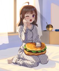 Rule 34 | 1girl, alternate hairstyle, backlighting, barefoot, bed, bedroom, blurry, blurry background, brown hair, burger, commentary, depth of field, food, hair down, idolmaster, idolmaster million live!, indoors, kamille (vcx68), long sleeves, looking at viewer, medium hair, on bed, one eye closed, open mouth, pajamas, pants, purple eyes, shirt, sitting, solo, stuffed toy, tearing up, tears, waking up, wariza, white pants, white shirt, window, wiping tears, yawning, yokoyama nao