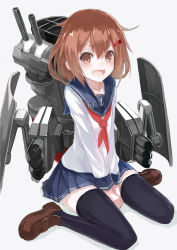 Rule 34 | 10s, 1girl, :d, anchor symbol, black skirt, black thighhighs, brown hair, fang, hair between eyes, hair ornament, hairclip, ikazuchi (kancolle), kantai collection, long sleeves, neckerchief, open mouth, pleated skirt, red neckerchief, school uniform, serafuku, short hair, simple background, skirt, smile, solo, thighhighs, white background, yukihiko (tyabobo)