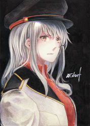 Rule 34 | 1girl, black background, collared shirt, commentary request, epaulettes, scar on face, flat cap, gangut (kancolle), grey hair, hat, highres, jacket, kantai collection, long hair, military, military hat, military jacket, military uniform, millipen (medium), open collar, orange eyes, peaked cap, red shirt, scar, scar on cheek, scar on face, shirt, signature, solo, tesun (g noh), traditional media, uniform, upper body, watercolor pencil (medium), white jacket