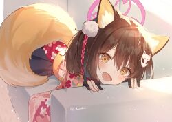 Rule 34 | 1girl, animal ear fluff, animal ears, artist name, black gloves, blue archive, blush, brown hair, cherry blossoms, commentary, couch, eyeshadow, fang, floral print, fox ears, fox girl, fox hair ornament, fox mask, fox print, fox tail, gloves, hadanugi dousa, hair ornament, halo, highres, izuna (blue archive), japanese clothes, light particles, looking at viewer, luna (luna610), lying, makeup, mask, on couch, on stomach, open kimono, open mouth, partially fingerless gloves, pink halo, pom pom (clothes), pom pom hair ornament, red eyeshadow, rope, shimenawa, skin fang, smile, solo, tail, twitter username, yellow eyes