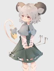 Rule 34 | 1girl, animal ears, basket, black dress, blush, boots, brm 1925, capelet, closed mouth, dowsing rod, dress, eyebrows hidden by hair, feet out of frame, glowing, grey background, grey capelet, grey hair, hair between eyes, highres, holding, holding stick, holding with tail, jewelry, knee boots, long sleeves, looking to the side, mouse (animal), mouse ears, nazrin, pendant, pink eyes, prehensile tail, short hair, simple background, sleeves past wrists, smile, solo, stick, tail, touhou, v arms, white footwear