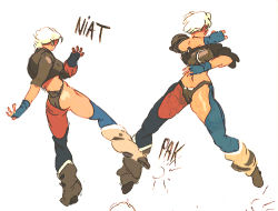 Rule 34 | 1girl, angel (kof), ass, baptiste pagani, blue eyes, boots, chaps, collage, cowboy boots, cropped jacket, fighting stance, fingerless gloves, gloves, kicking, lowres, micro shorts, midriff, navel, short hair, short shorts, shorts, sleeves rolled up, solo, the king of fighters