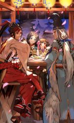 Rule 34 | 2boys, 2girls, :d, abe no seimei (onmyoji), absurdres, alcohol, architecture, black gloves, black hair, blue eyes, brown hair, chair, character request, dog, east asian architecture, eye contact, fingerless gloves, fish hair ornament, food, food request, gloves, hair ornament, highres, indoors, katana, lantern, long hair, looking at another, multiple boys, multiple girls, night, onmyoji, open mouth, paper lantern, parted lips, ponytail, red eyes, sake, sandals, short hair, sitting, smile, sparkling eyes, sword, toujou bun, very long hair, weapon, white hair