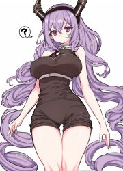 Rule 34 | 1girl, ?, absurdres, arknights, bare arms, bare shoulders, black hairband, black horns, black shirt, black shorts, breasts, commentary request, drill hair, fake horns, hairband, highres, horn hairband, horns, large breasts, long hair, looking at viewer, open mouth, purple eyes, purple hair, scatter, shirt, shorts, simple background, sleeveless, sleeveless shirt, solo, spoken question mark, thighs, typhon (arknights), very long hair, white background