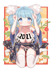 Rule 34 | 1girl, 2021, :o, absurdres, animal print, blue eyes, blue hair, blush, body writing, breasts, bubble print, chinese zodiac, cleavage, cloud, cloud hair ornament, collarbone, cow print, cow print bikini, expressionless, groin, highres, ink, japanese clothes, kimono, kumori (niizuka), large breasts, leaf, looking at viewer, medium hair, new year, niizuka (c-drop), off shoulder, open clothes, open kimono, open mouth, original, personification, pointing, pointing up, print bikini, sitting, skindentation, solo, thighhighs, thighs, twintails, wariza, white thighhighs, year of the ox