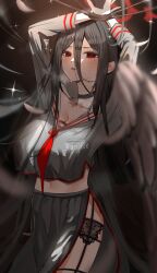 Rule 34 | 1girl, arm up, black choker, black garter belt, black garter straps, black hair, black shirt, black skirt, black wings, blue archive, blush, breasts, choker, cleavage, commentary, garter belt, garter straps, hasumi (blue archive), highres, large breasts, long hair, looking at viewer, low wings, mole, mole under mouth, red eyes, shirt, skirt, solo, toey, wings