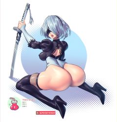 Rule 34 | 1girl, android, ass, back, back cutout, blindfold, boots, breasts, clothing cutout, covered erect nipples, high heel boots, high heels, highres, huge ass, katana, large breasts, leotard, looking at viewer, mole, mole under mouth, nier (series), nier:automata, open mouth, shiny clothes, shiny skin, short hair, sideboob, sitting, solo, supersatanson, sword, thigh boots, thighhighs, thong leotard, wariza, weapon, 2b (nier:automata)