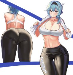 Rule 34 | 1girl, absurdres, aqua hair, ass, bare shoulders, blush, breasts, cameltoe, eula (genshin impact), from behind, genshin impact, hair ornament, hairband, highres, large breasts, leaning, leaning forward, long hair, looking at viewer, loooyd, multiple views, pants, shiny clothes, shiny skin, simple background, smile, sports bra, sweat, thighs, towel, white background, yoga pants