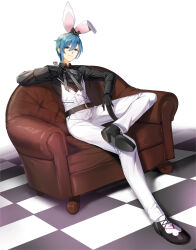 Rule 34 | 1boy, absurdres, adjusting neck ribbon, animal ears, belt, black belt, black bow, black footwear, black gloves, black shirt, blue eyes, blue hair, bow, checkered floor, closers, collared shirt, couch, crossed legs, fake animal ears, figure four sitting, frown, full body, gloves, hair between eyes, hair bow, highres, long sleeves, nata (closers), neck ribbon, official art, on couch, pants, rabbit ears, ribbon, shirt, short hair, sitting, solo, tachi-e, v-shaped eyebrows, vest, white background, white pants, white vest