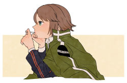 Rule 34 | 1girl, black jacket, borrowed clothes, brown hair, chokuboron ryou, elbow rest, from side, green eyes, green jacket, hands up, head rest, jacket, long sleeves, mouth hold, osano rui, profile, short hair, solo, upper body, white background, world trigger