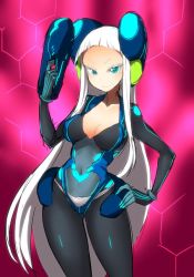 Rule 34 | 1girl, blue eyes, bodysuit, breasts, cleavage, electro emilia, hand on own hip, headgear, holding, holding weapon, ken (koala), long hair, looking at viewer, neon trim, original, skin tight, smile, solo, very long hair, weapon, white hair