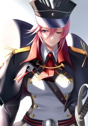 Rule 34 | 1girl, azur lane, banned artist, black cloak, black hat, blue eyes, breasts, cloak, closed mouth, cross, hat, highres, holstered, iron cross, lips, long hair, looking at viewer, medium breasts, military hat, necktie, neconel, one eye closed, pink hair, red necktie, seydlitz (azur lane), solo, sword, uniform, upper body, weapon, white background