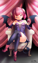 Rule 34 | 1girl, armchair, artist name, bad id, bad pixiv id, bare shoulders, boots, born-to-die, breasts, chair, closed mouth, crossed legs, cup, cupping glass, curtains, demon girl, demon tail, detached collar, dress, drinking glass, elbow gloves, female focus, fingernails, full body, gal gun double peace, glass, gloves, heart, heart-shaped pupils, highres, holding, horns, looking at viewer, pink hair, red eyes, red hair, short hair, signature, sitting, skull, smile, solo, strapless, strapless dress, symbol-shaped pupils, tail, thighhighs, watermark, web address, wine glass, wings
