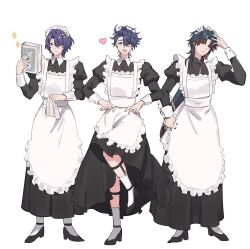 Rule 34 | 3boys, :d, alternate costume, apron, black dress, black footwear, black hair, blade (honkai: star rail), blue hair, book, bow, brown eyes, closed mouth, cloth, collared dress, crossdressing, dr. ratio (honkai: star rail), dress, earrings, enmaided, frilled apron, frills, full body, gradient hair, green eyes, hair bow, hand on own head, heart, high heels, highres, holding, holding book, holding cloth, honkai: star rail, honkai (series), jewelry, juliet sleeves, leg up, legwear garter, long dress, long hair, long sleeves, looking at viewer, maid, maid apron, maid day, maid headdress, male focus, male maid, mandarin collar, multicolored hair, multiple boys, multiple hair bows, nekobni, open mouth, orange eyes, parted lips, puffy sleeves, purple hair, red hair, sampo koski, short hair, simple background, smile, socks, sparkle, standing, standing on one leg, trembling, very long hair, white apron, white background, white socks, wing collar, yellow bow