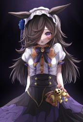 Rule 34 | 1girl, absurdres, animal ears, blue flower, bow, bowtie, brown hair, commentary, eyebrows hidden by hair, flower, gradient background, hair over one eye, hairband, highres, horse ears, horse girl, jack-o&#039;-lantern ornament, lolita hairband, long bangs, long hair, looking at viewer, makoto (xxgk5833), puffy short sleeves, puffy sleeves, purple background, purple bow, purple bowtie, purple eyes, rice shower (make up vampire!) (umamusume), rice shower (umamusume), short sleeves, solo, striped bow, striped bowtie, striped clothes, swept bangs, two-tone bow, two-tone neckwear, umamusume