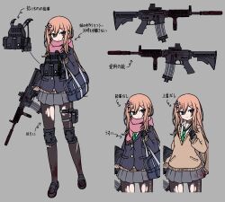 Rule 34 | 1girl, arrow (symbol), assault rifle, bag, black footwear, black gloves, black jacket, black pantyhose, blazer, blush, brown hair, brown sweater, check translation, closed mouth, commentary request, den noko, flower, fringe trim, gloves, green necktie, grey background, grey eyes, grey skirt, gun, hair between eyes, hair flower, hair ornament, highres, holding, holding gun, holding weapon, jacket, loafers, long sleeves, m4 carbine, multiple views, necktie, original, pantyhose, partially translated, pink flower, pink scarf, pleated skirt, rifle, rust, scarf, school bag, school uniform, shoes, simple background, skirt, sleeves past wrists, sweater, tactical clothes, torn clothes, torn pantyhose, translation request, vest, weapon